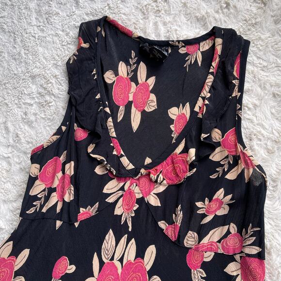 Vintage Y2K abstract rose floral print bias cut ruffle dress black pink Angie S - Picture 6 of 16